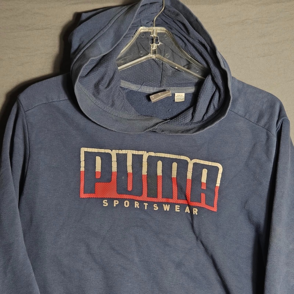 Puma Sportswear Mens M Pullover Hoodie Blue Faded Big Logo Kangaroo Pocket